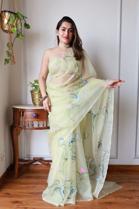 HAND BURSH PAINTED ORGANZA SILK SAREE WITH BLOUSE (CIB14)