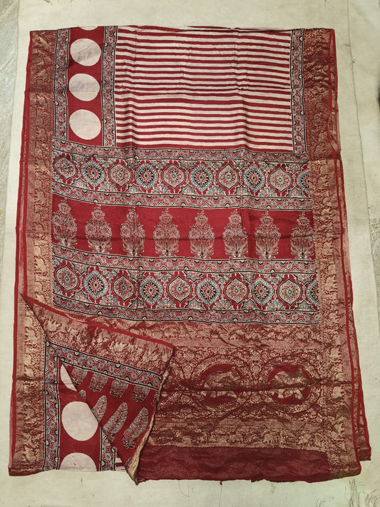 AJRAKH PRINTED PURE DOLA SILK SAREE WITH BLOUSE (MS1)