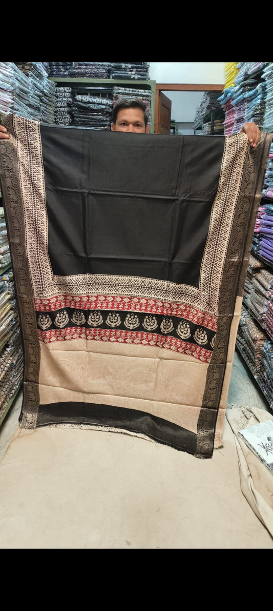 AJRAKH PRINTED PURE DOLA SILK SAREE WITH BLOUSE (MS5)