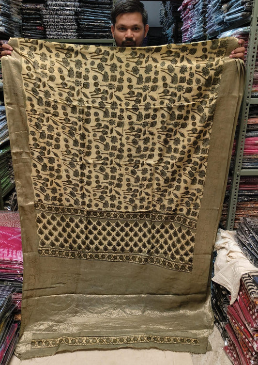 AJRAKH PRINTED PURE DOLA SILK SAREE WITH BLOUSE (MS8)