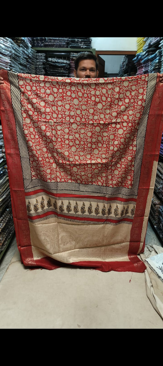AJRAKH PRINTED PURE DOLA SILK SAREE WITH BLOUSE (MS10)