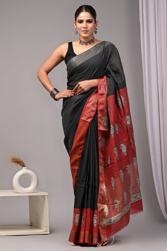 HAND BLOCK BAGRU PRINTED ART SILK CHANDERI SAREE WITH BLOUSE  (CIH2)