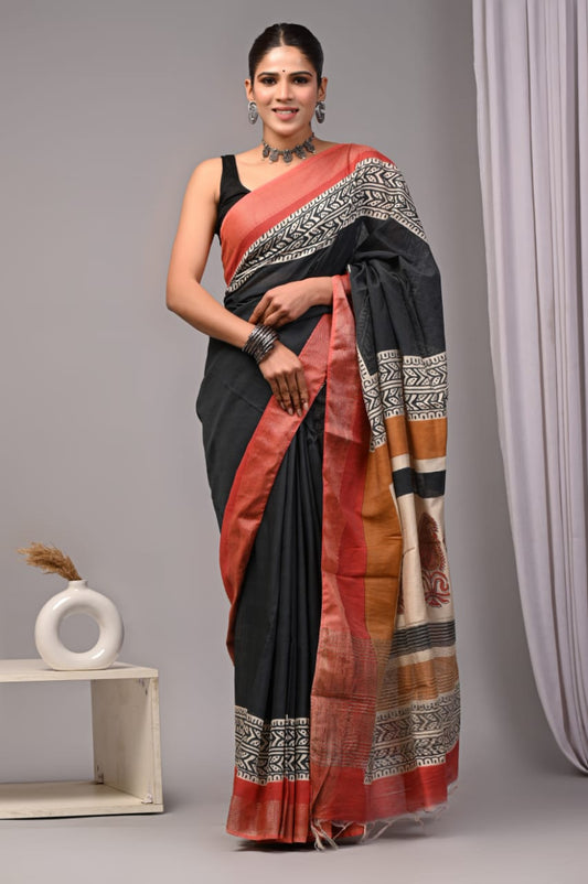 HAND BLOCK BAGRU PRINTED ART SILK CHANDERI SAREE WITH BLOUSE  (CIH6)
