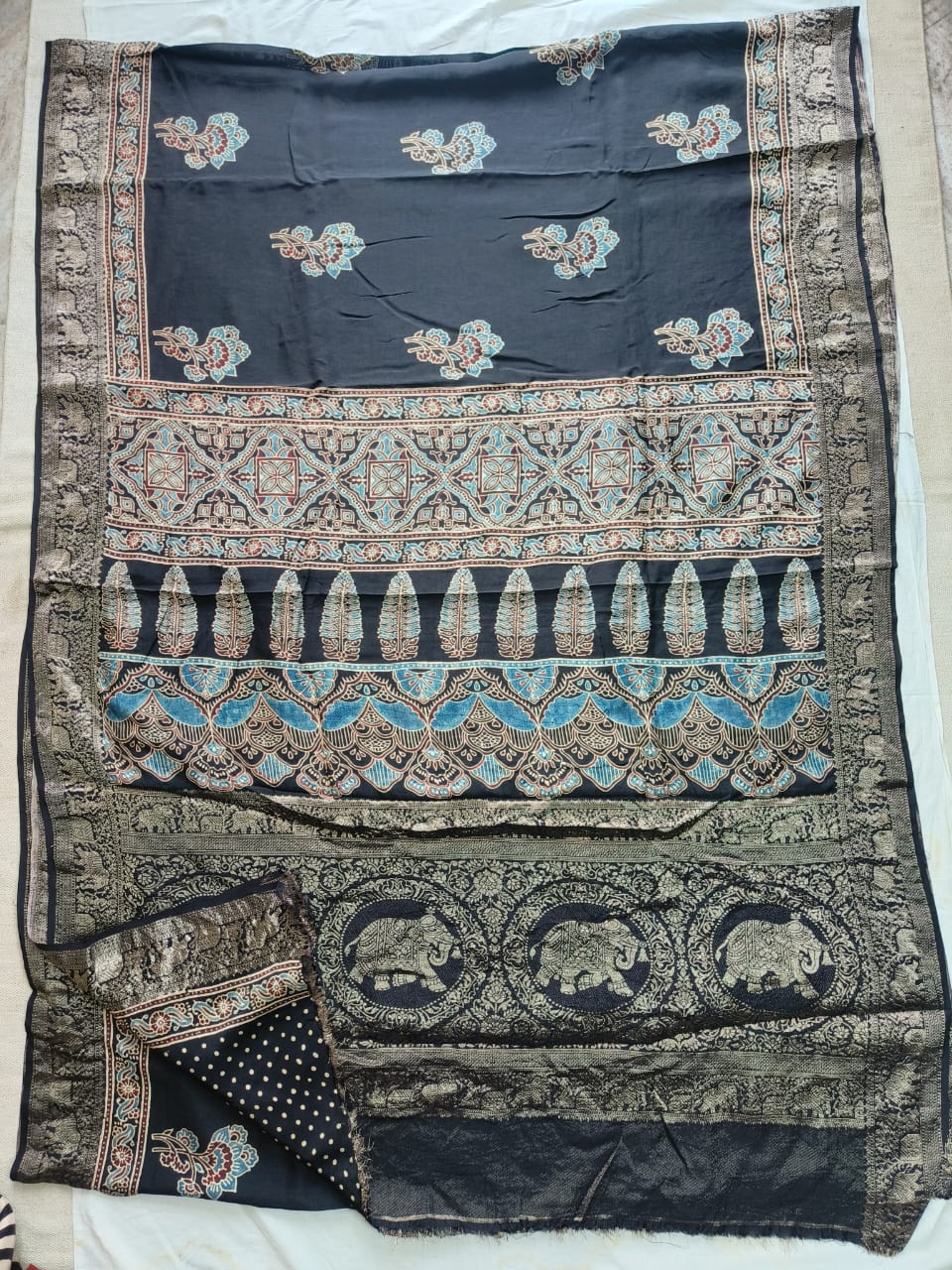 AJRAKH PRINTED PURE DOLA SILK SAREE WITH BLOUSE (MS4)