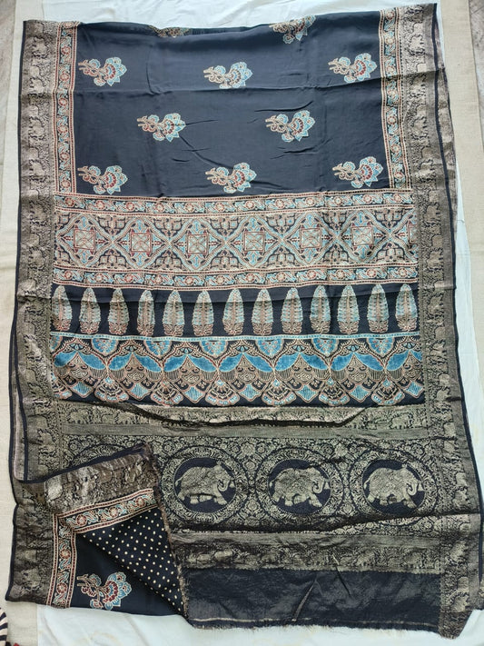 AJRAKH PRINTED PURE DOLA SILK SAREE WITH BLOUSE (MS4)