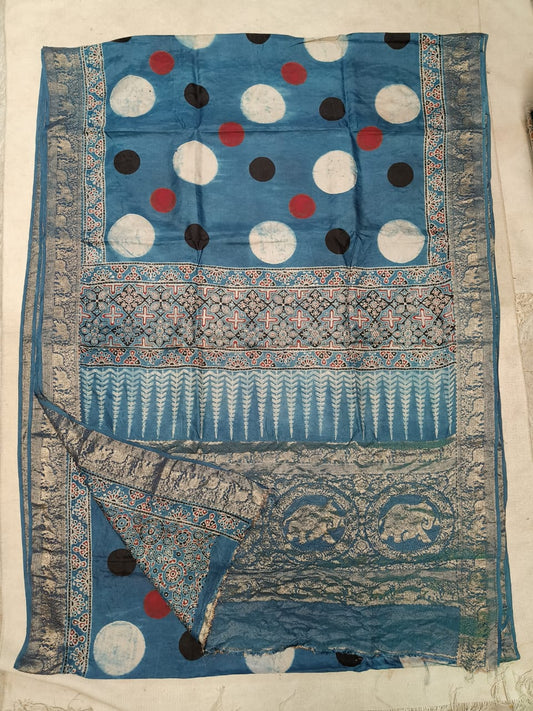 AJRAKH PRINTED PURE DOLA SILK SAREE WITH BLOUSE (MS14)