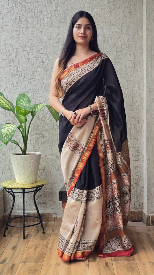 Jaipuri Hand Block Bagru Printed Maheshwari Silk Saree With Blouse (MSS22)