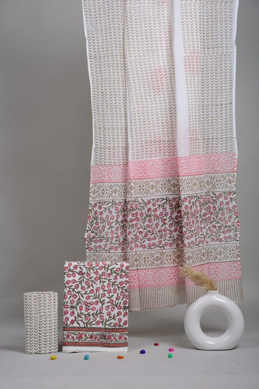 HAND BLOCK PRINTED COTTON 3-PIS SUIT WITH MULMUL DUPPATA (CMS5)
