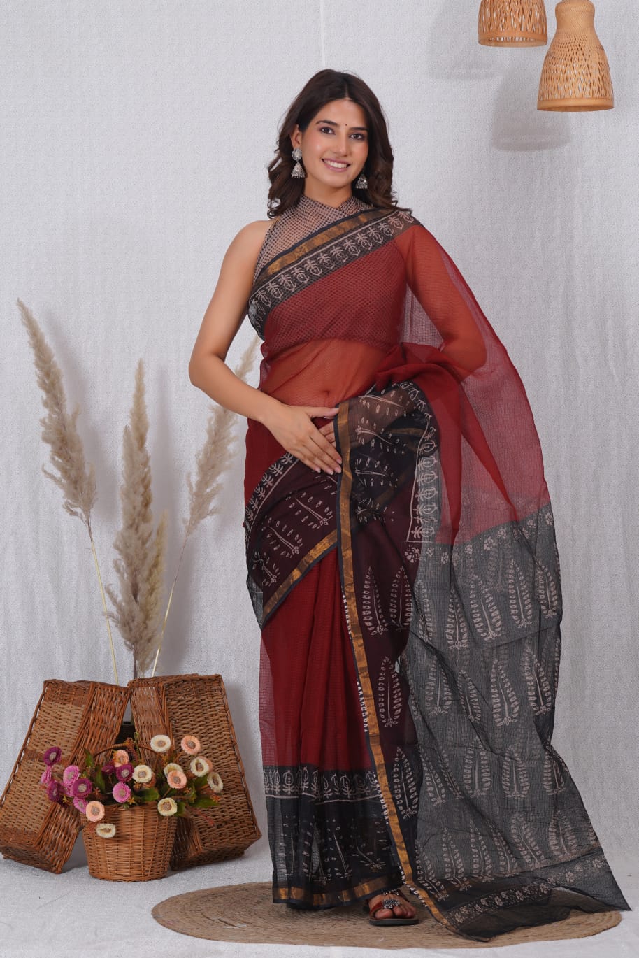 Jaipuri Block Printed Cotton Kota Doriya Saree (CIS8)
