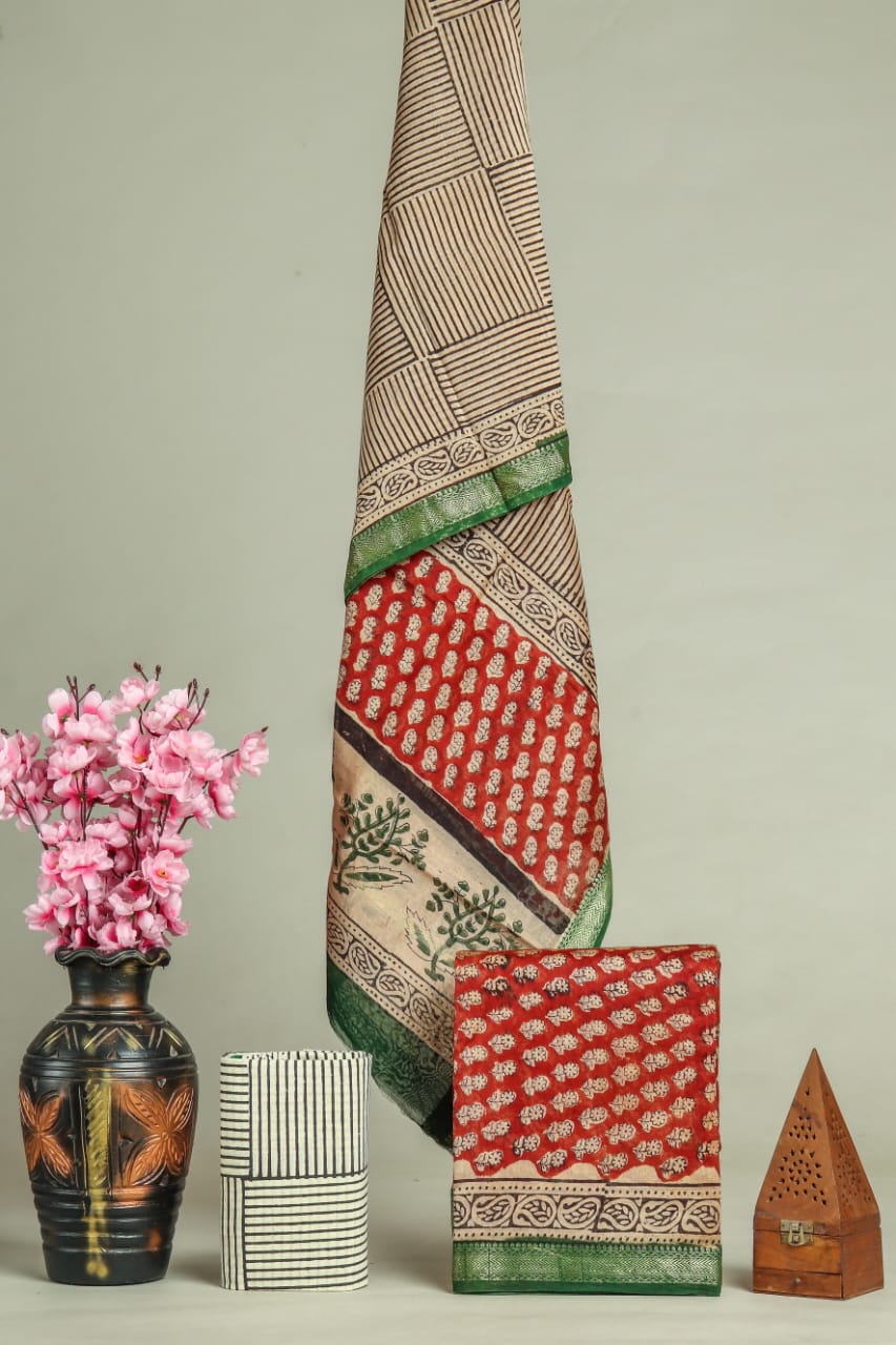 JAIPURI HAND BLOCK PRINTED MAHESHWARI SILK SUIT WITH SILK DUPPATA (MSD19)