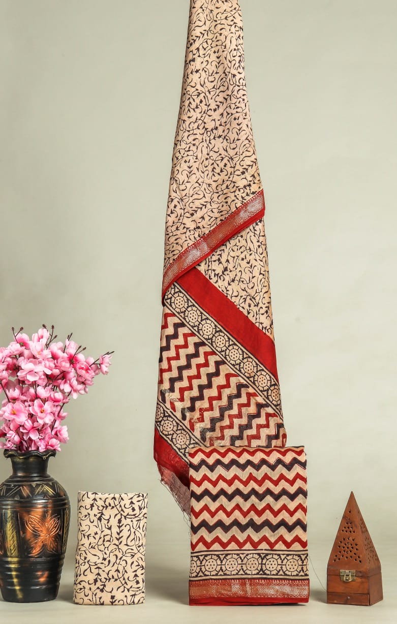 JAIPURI HAND BLOCK PRINTED MAHESHWARI SILK SUIT WITH SILK DUPPATA (MSD34)