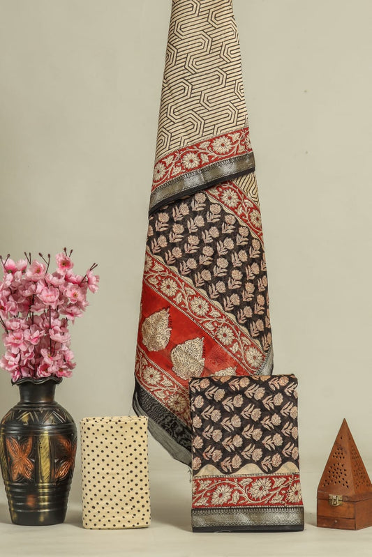 JAIPURI HAND BLOCK PRINTED MAHESHWARI SILK SUIT WITH SILK DUPPATA (MSD33)