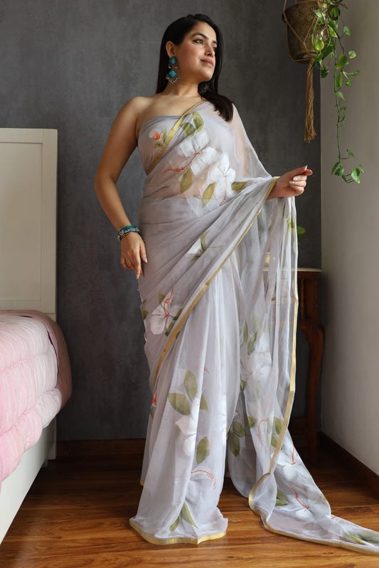 Hand Brush Painted Chiffon Saree with Blouse ( CIA28)