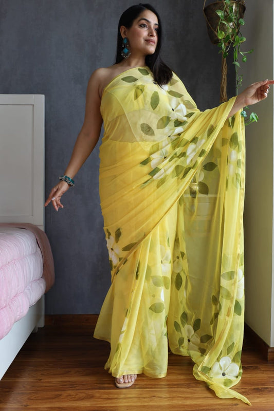 Hand Brush Painted Chiffon Saree with Blouse ( CIA32)