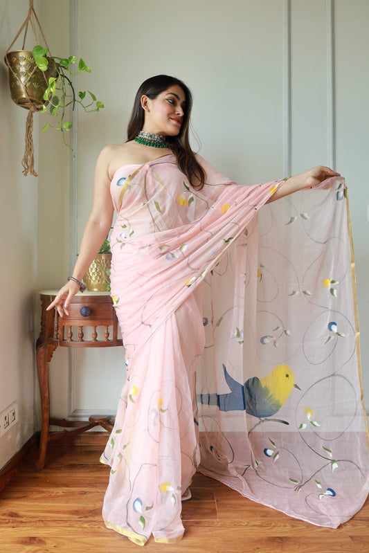 Hand Brush Painted Chiffon Saree with Blouse ( CIA20)