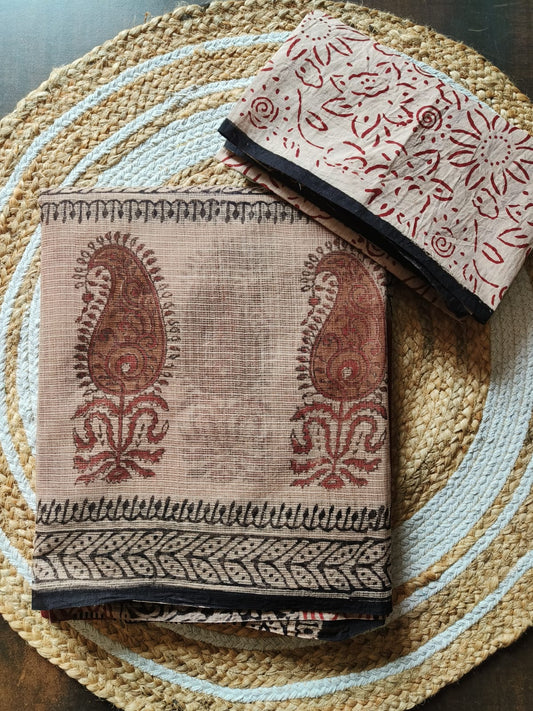 HAND BLOCK BAGRU PRINTED KOTA DORIYA SAREE WITH MULMUL BLOUSE (KDS21)
