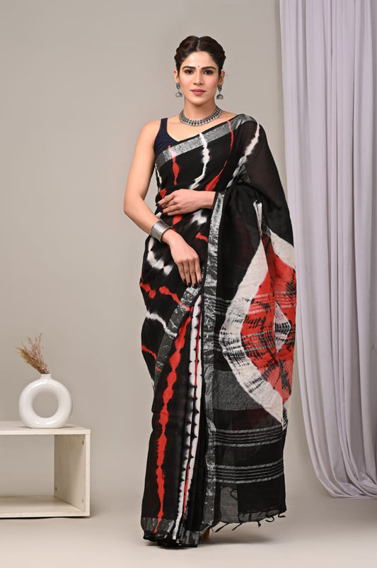 HAND SHIBORI PRINTED COTTON LINEN SAREE WITH BLOUSE (LCS2)