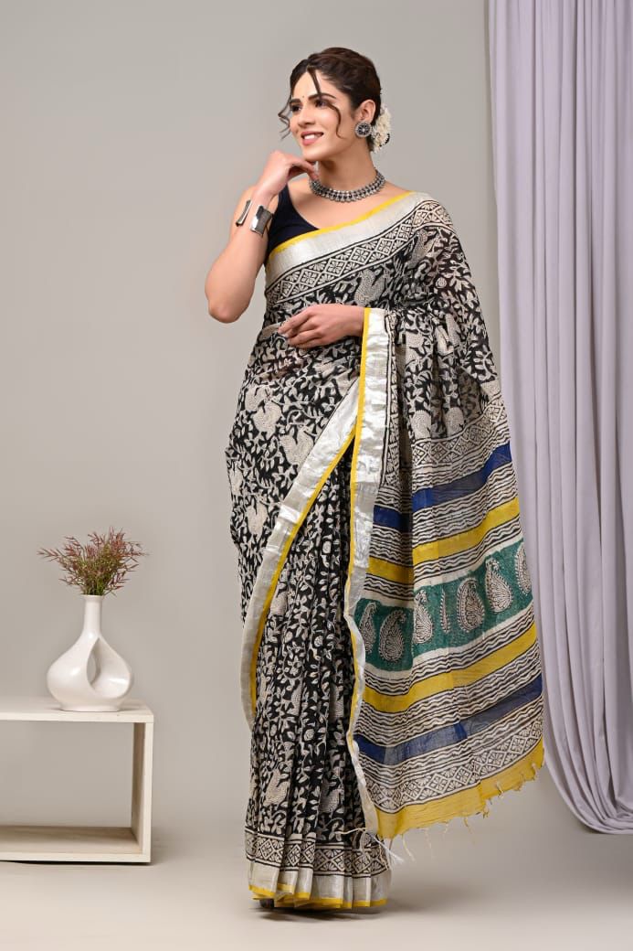 HAND BLOCK BLACK & WHITE PRINTED COTTON LINEN SAREE WITH BLOUSE  (LCS9)