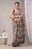 HAND BLOCK BLACK & WHITE PRINTED COTTON LINEN SAREE WITH BLOUSE  (LCS7)