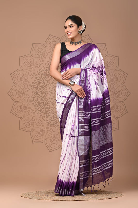 HAND BLOCK BLACK & WHITE PRINTED COTTON LINEN SAREE WITH BLOUSE  (LCS8)