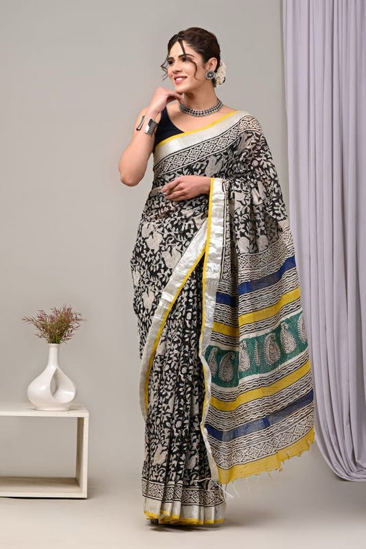 HAND BLOCK BLACK & WHITE PRINTED COTTON LINEN SAREE WITH BLOUSE  (LCS9)