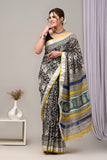 HAND BLOCK BLACK & WHITE PRINTED COTTON LINEN SAREE WITH BLOUSE  (LCS9)
