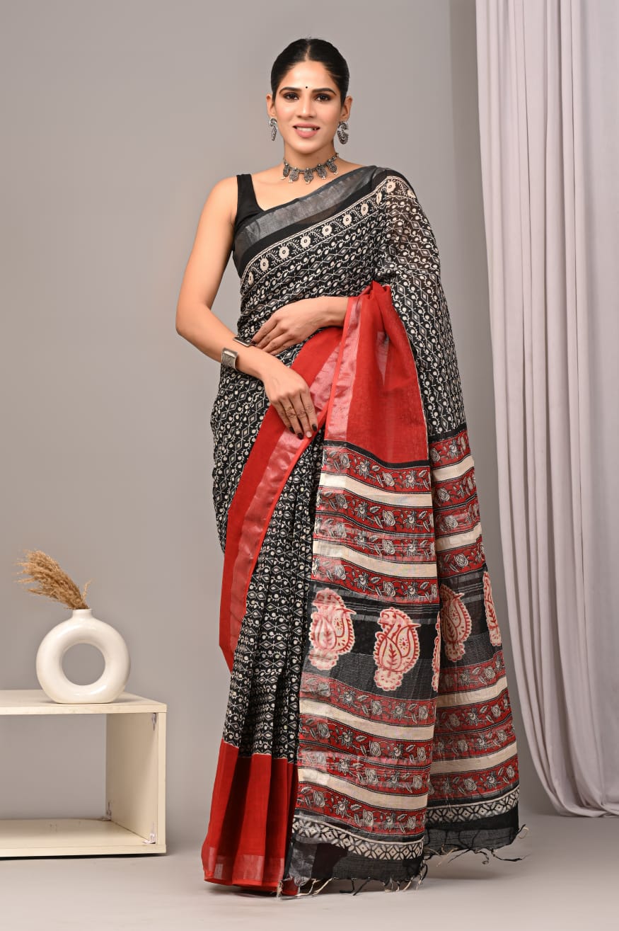 HAND BLOCK BLACK & WHITE PRINTED COTTON LINEN SAREE WITH BLOUSE  (LCS14)