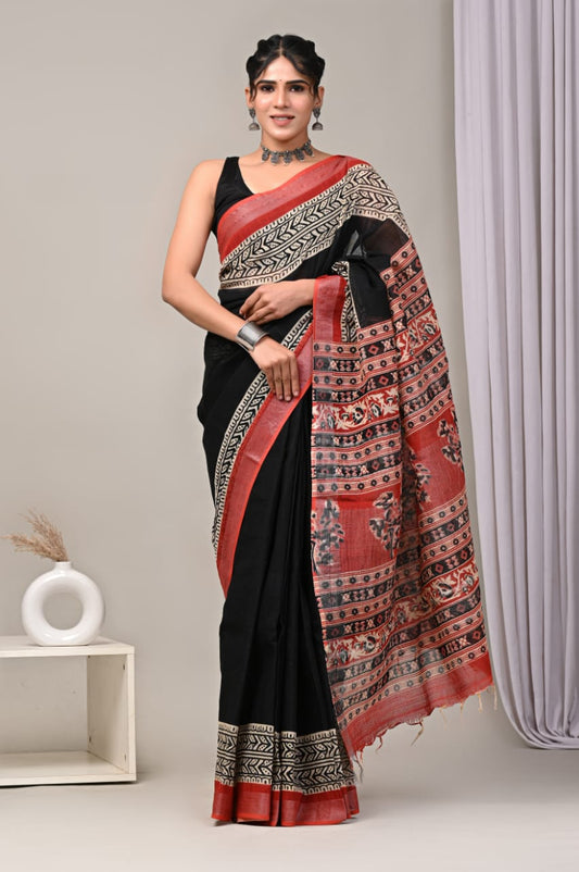 HAND BLOCK BLACK & WHITE PRINTED COTTON LINEN SAREE WITH BLOUSE  (LCS13)
