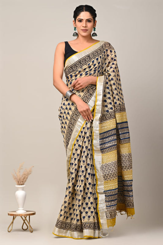 HAND BLOCK BLACK & WHITE PRINTED COTTON LINEN SAREE WITH BLOUSE  (LCS16)