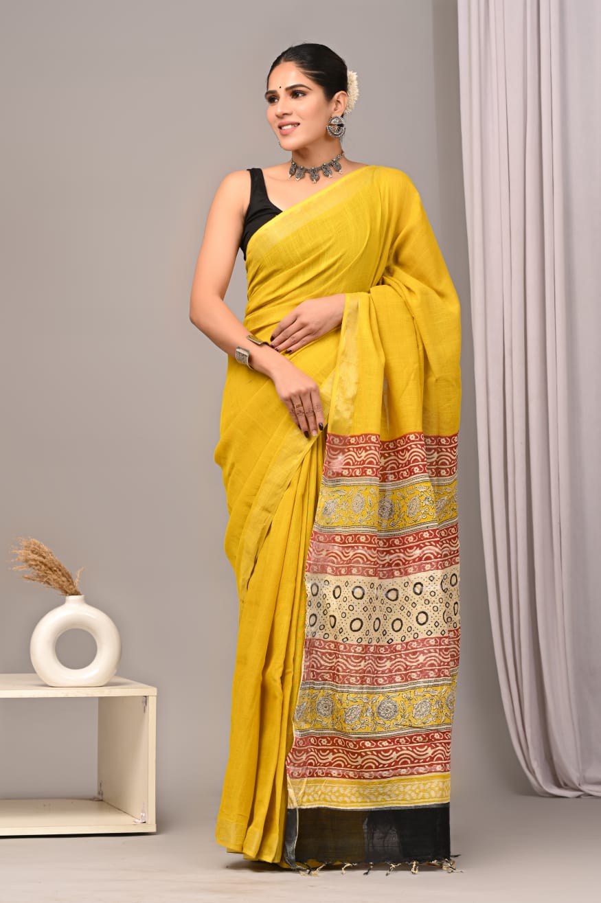 HAND BLOCK BLACK & WHITE PRINTED COTTON LINEN SAREE WITH BLOUSE  (LCS17)