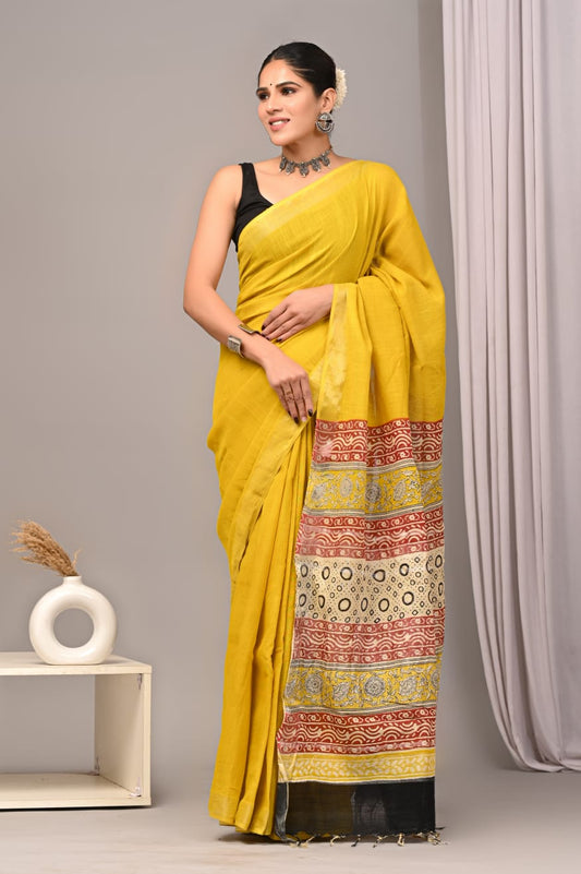 HAND BLOCK BLACK & WHITE PRINTED COTTON LINEN SAREE WITH BLOUSE  (LCS17)