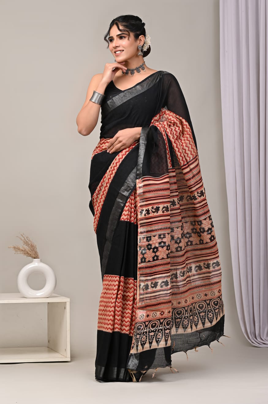 HAND BLOCK BLACK & WHITE PRINTED COTTON LINEN SAREE WITH BLOUSE  (LCS18)