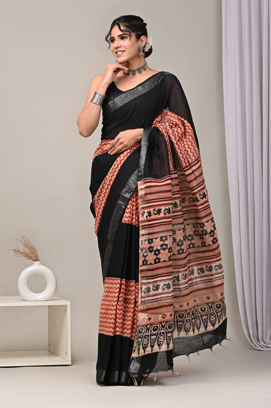 HAND BLOCK BLACK & WHITE PRINTED COTTON LINEN SAREE WITH BLOUSE  (LCS18)