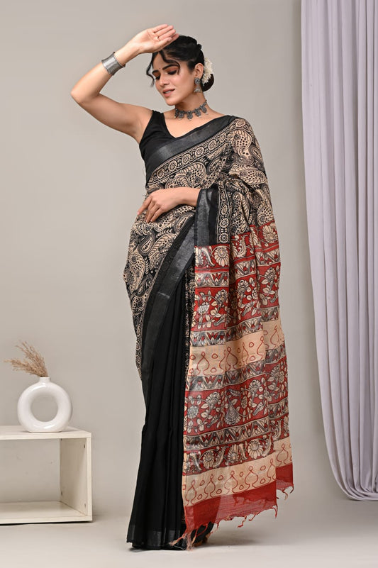 HAND BLOCK BLACK & WHITE PRINTED COTTON LINEN SAREE WITH BLOUSE  (LCS19)
