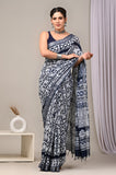 HAND BLOCK BLACK & WHITE PRINTED COTTON LINEN SAREE WITH BLOUSE  (LCS20)