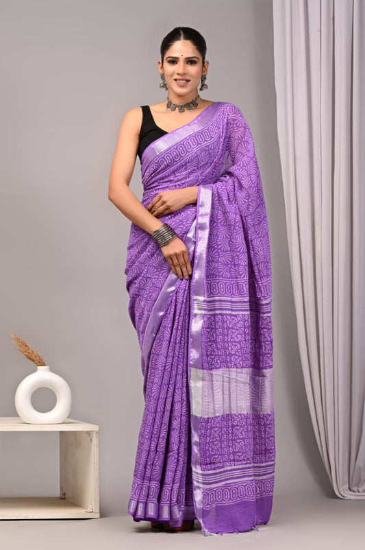 HAND BLOCK BLACK & WHITE PRINTED COTTON LINEN SAREE WITH BLOUSE  (LCS22)