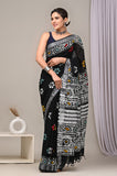 HAND BLOCK BLACK & WHITE PRINTED COTTON LINEN SAREE WITH BLOUSE  (LCS23)