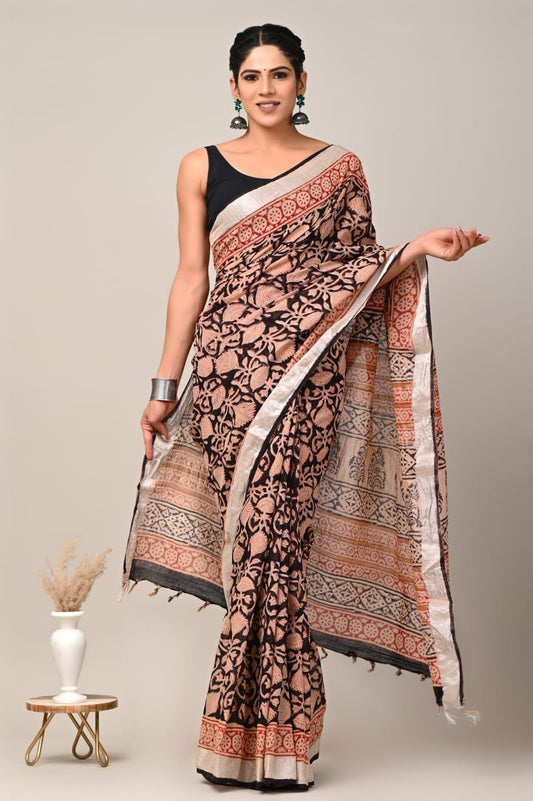 HAND BLOCK BLACK & WHITE PRINTED COTTON LINEN SAREE WITH BLOUSE  (LCS26)
