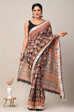 HAND BLOCK BLACK & WHITE PRINTED COTTON LINEN SAREE WITH BLOUSE  (LCS26)