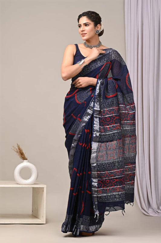 HAND BLOCK BLACK & WHITE PRINTED COTTON LINEN SAREE WITH BLOUSE  (LCS27)