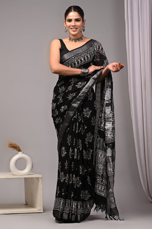 HAND BLOCK BLACK & WHITE PRINTED COTTON LINEN SAREE WITH BLOUSE  (LCS28)