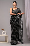 HAND BLOCK BLACK & WHITE PRINTED COTTON LINEN SAREE WITH BLOUSE  (LCS28)