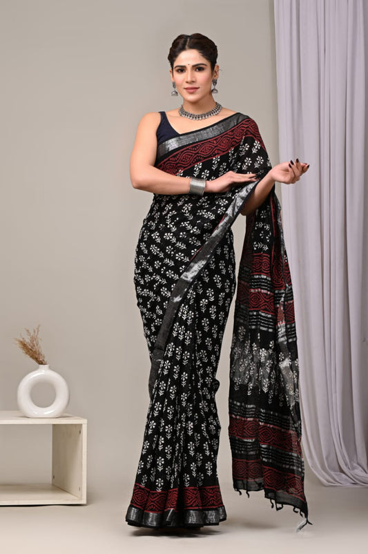 HAND BLOCK BLACK & WHITE PRINTED COTTON LINEN SAREE WITH BLOUSE  (LCS29)