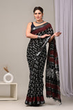 HAND BLOCK BLACK & WHITE PRINTED COTTON LINEN SAREE WITH BLOUSE  (LCS29)
