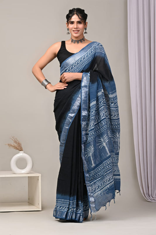 HAND BLOCK BLACK & WHITE PRINTED COTTON LINEN SAREE WITH BLOUSE  (LCS31)
