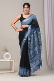 HAND BLOCK BLACK & WHITE PRINTED COTTON LINEN SAREE WITH BLOUSE  (LCS31)