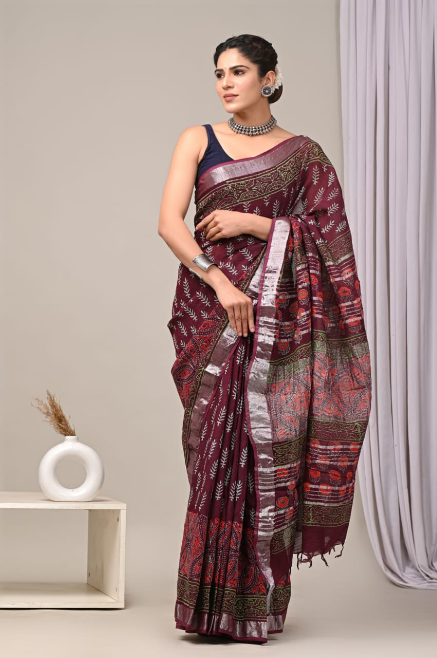 HAND BLOCK BLACK & WHITE PRINTED COTTON LINEN SAREE WITH BLOUSE  (LCS32)
