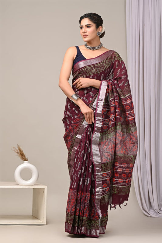 HAND BLOCK BLACK & WHITE PRINTED COTTON LINEN SAREE WITH BLOUSE  (LCS32)