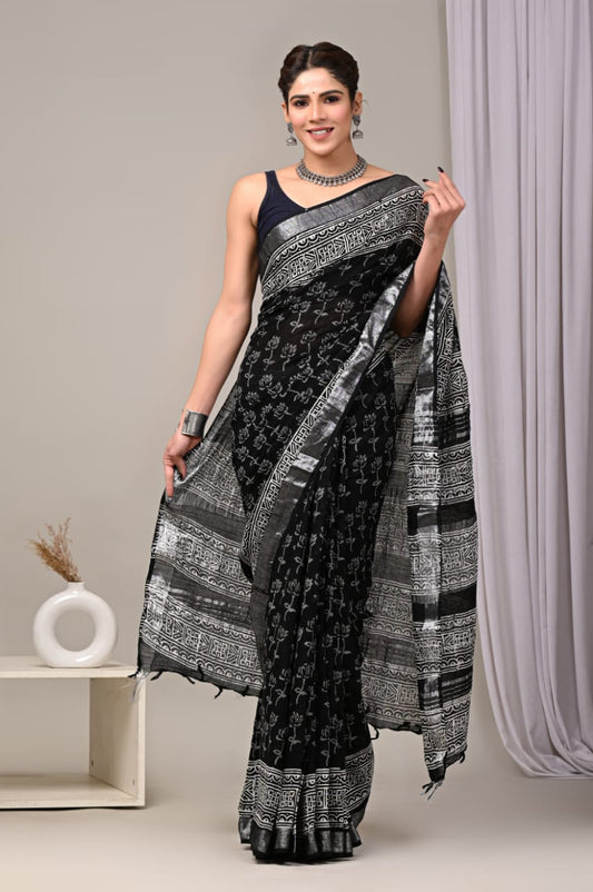 HAND BLOCK BLACK & WHITE PRINTED COTTON LINEN SAREE WITH BLOUSE  (LCS33)