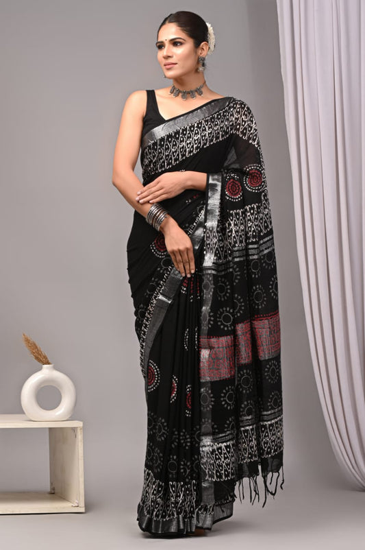 HAND BLOCK BLACK & WHITE PRINTED COTTON LINEN SAREE WITH BLOUSE  (LCS34)